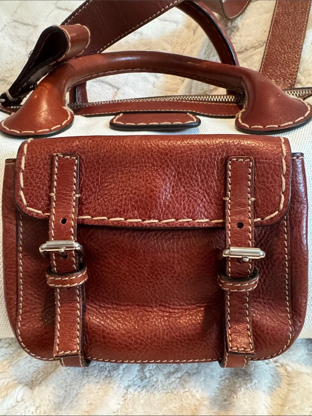 Chloe Edith White Canvas and Brown Leather Satchel with Strap